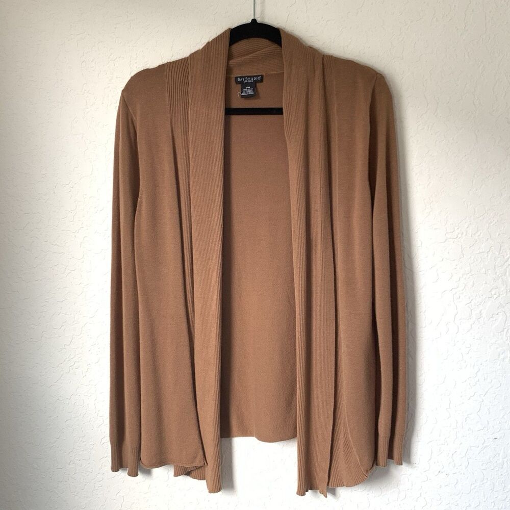 Bay Studio Cardigan Sweater Women M Petite Tan Brown Open Front Office Career